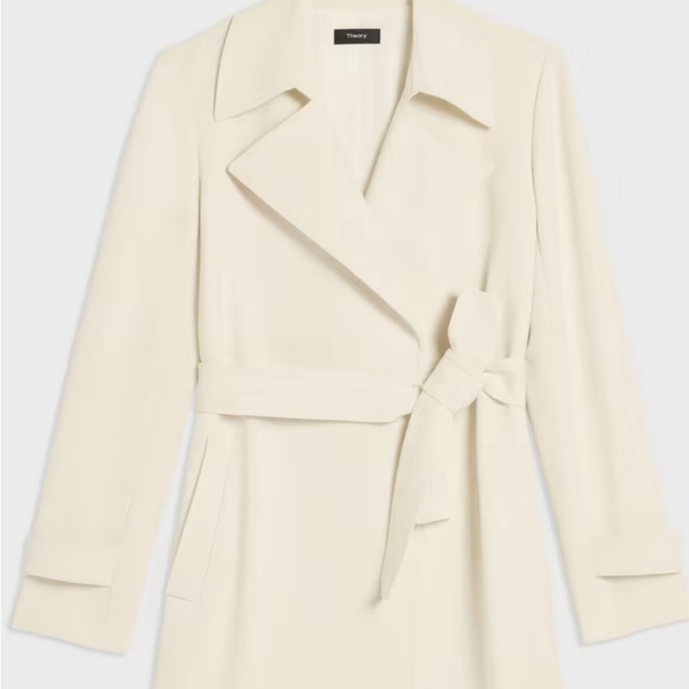 Theory Oaklane Trench Coat in White Crepe, Size 8; never worn.